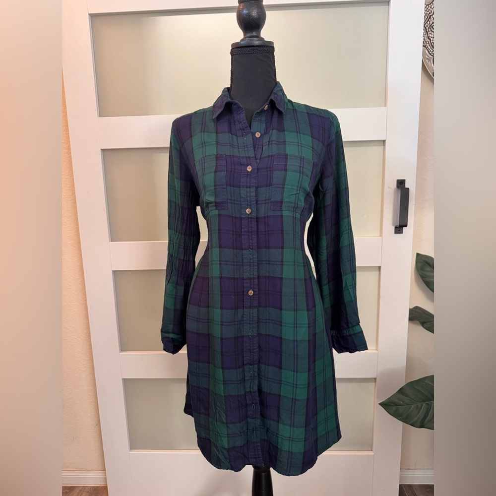 Green and Blue Plaid Long Sleeve Dress